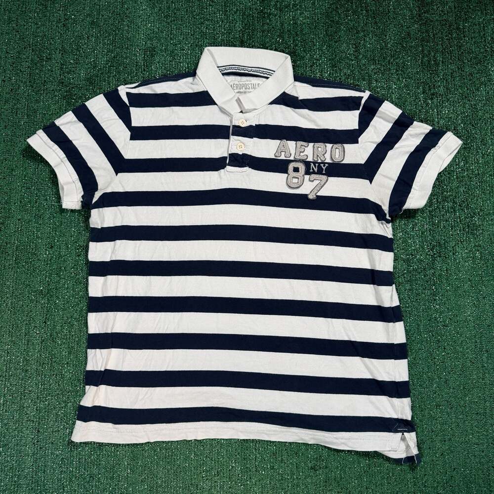 Y2K Aeropostale Navy and White Striped Polo Shirt Embroidered 'AERO 87' Large